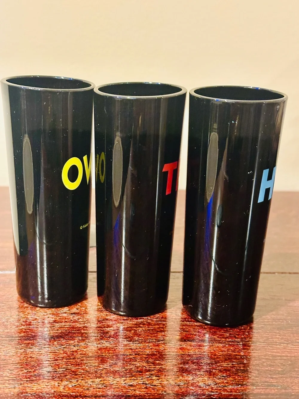 Vintage Kalan “Over The Hill” Shot Glasses Set 3 Black 4” Tall Shooter  1990s